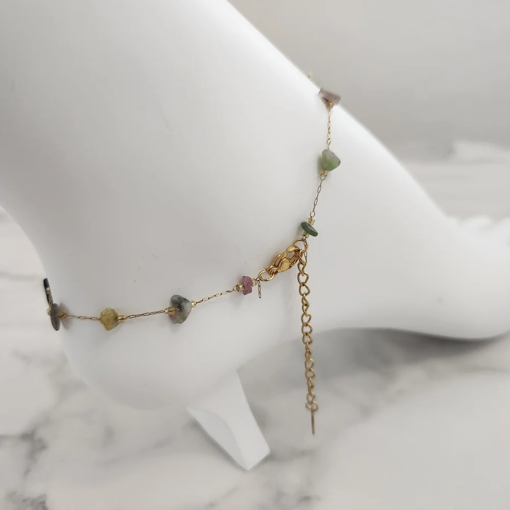 Minimalist Multicolor Dainty Stones 18K Gold Plated Anklet - Picture 9 of 15